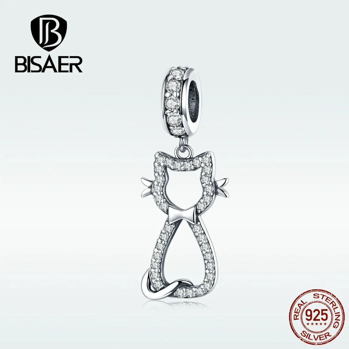 BISAER кошка кулон 925 пробы серебро животное котенок киска талисманы бусины подходят браслеты кубический циркон DIY ювелирных изделий ECC1162