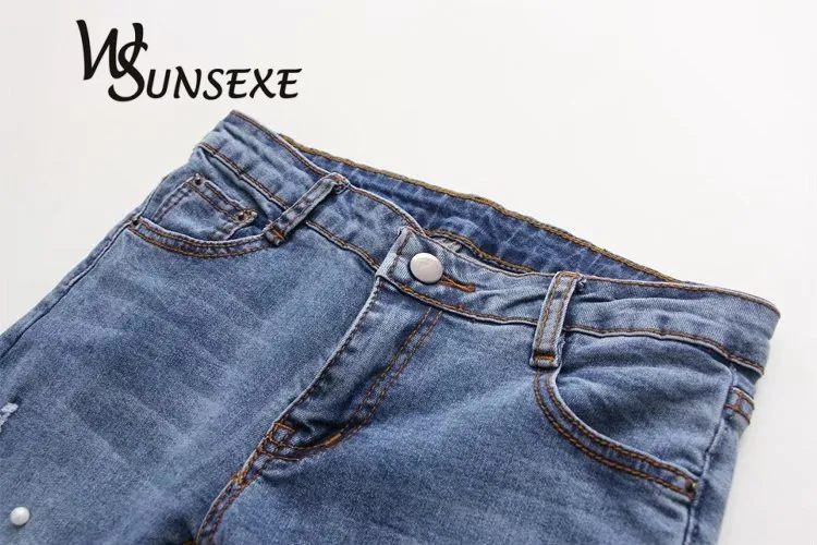 Женские рваные джинсы с вырезами на коленях штаны карандаш стрейч из денима