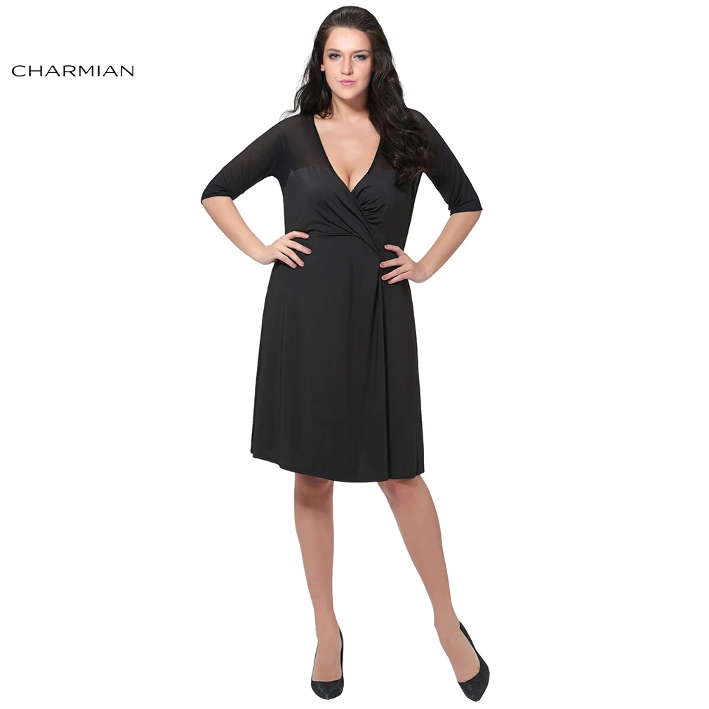 Charmian Sexy Deep V Neck Dress for Women Summer Autumn Half Sleeve Elegant Black Slim Daily Work Office Casual | Женская одежда