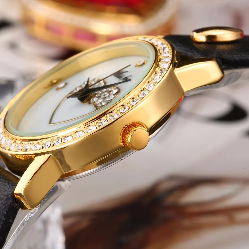 Для женщин часы Missfox Relojes Para Mujer сердце лицом кожа золотые наручные Bling Синий