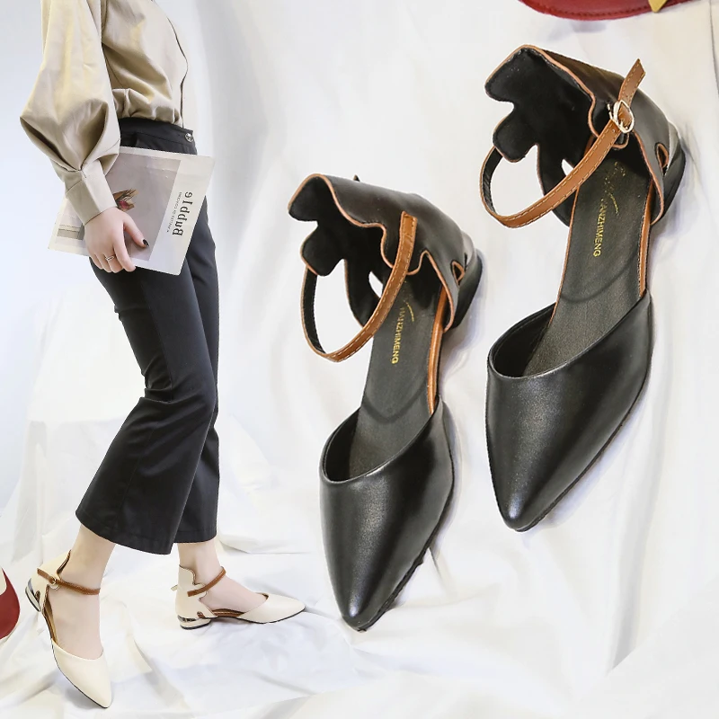 Женские босоножки на низком каблуке элегантные с пряжкой и закрытым носком