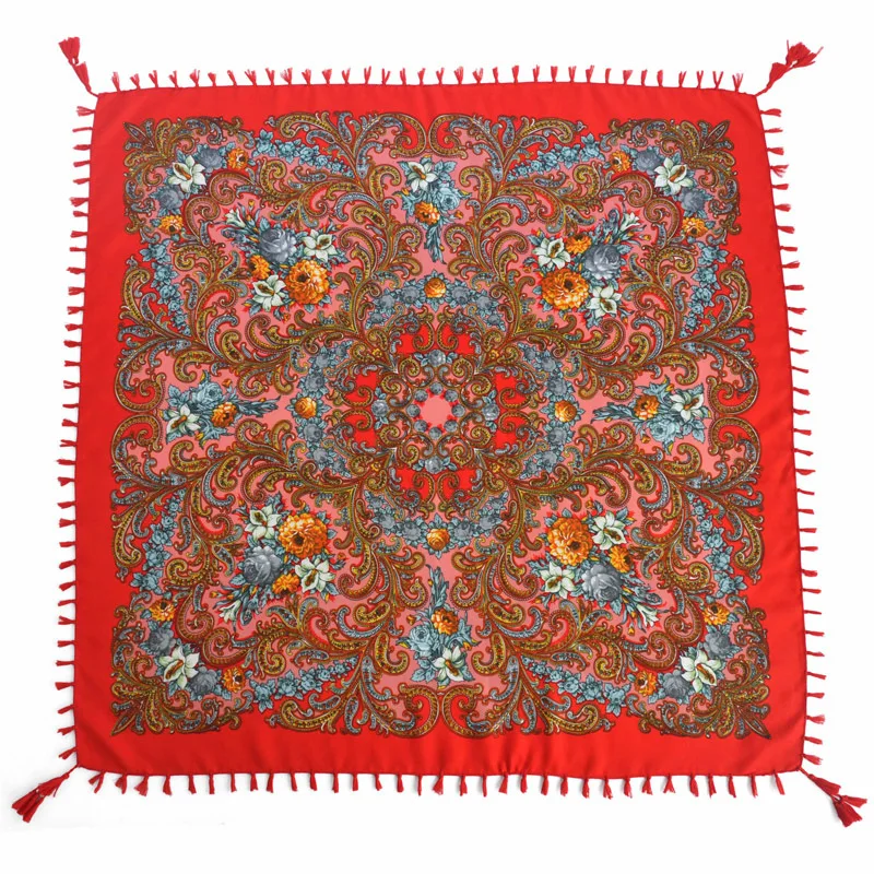 

Женский шарф с бахромой, в русском стиле, 90x90 см