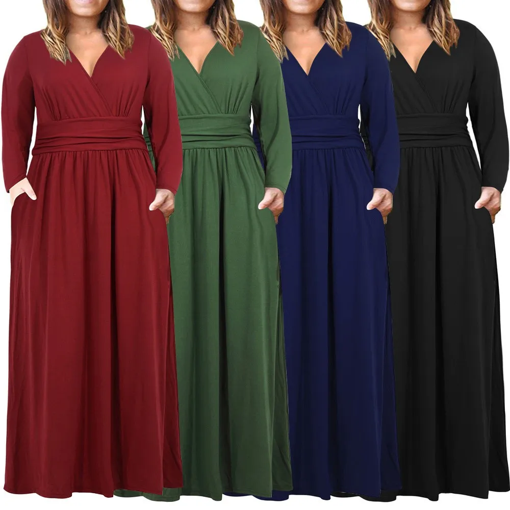 Joineles 3XL-9XL размера плюс v-образный вырез чистый цвет женское платье с длинным рукавом Осень Зима Элегантное Длинное над размером Макси платье вечерние платья