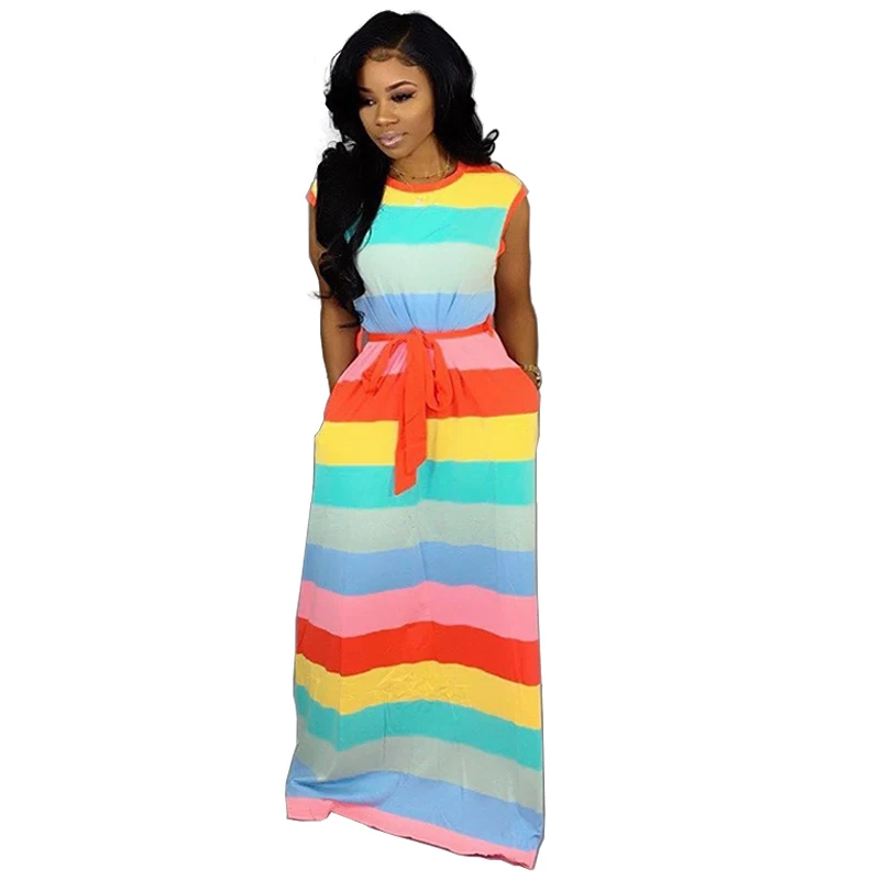 Женские платья летнее Милое сексуальное Повседневное платье в радужную полоску