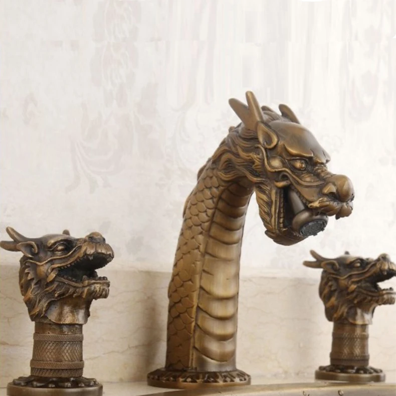 

Free shipping Antique colour handles Dragon sink faucet widespread lavatory basin mixer tap 3 pcs
