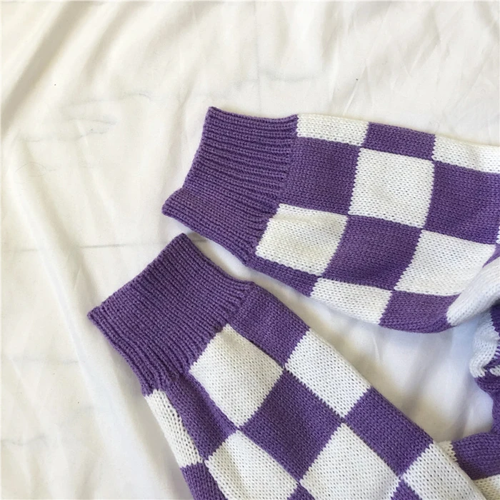 Новинка, Осенний женский свитер, Harajuku, черно-белый свитер, свободный, круглый вырез, Ретро стиль, цвет, одинаковый, клетчатый свитер#306