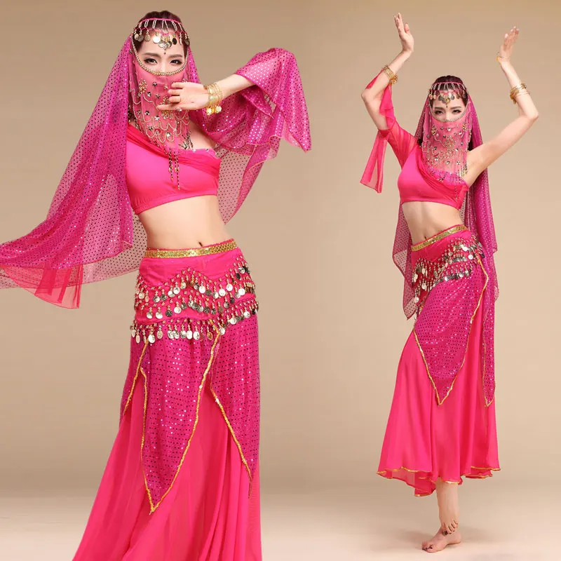 

5 pcs(Top+belt+skirt+veil+headwear) Belly Dance Set Egypt Bollywood Indian dance costumes Beading belly Dance performance Wear