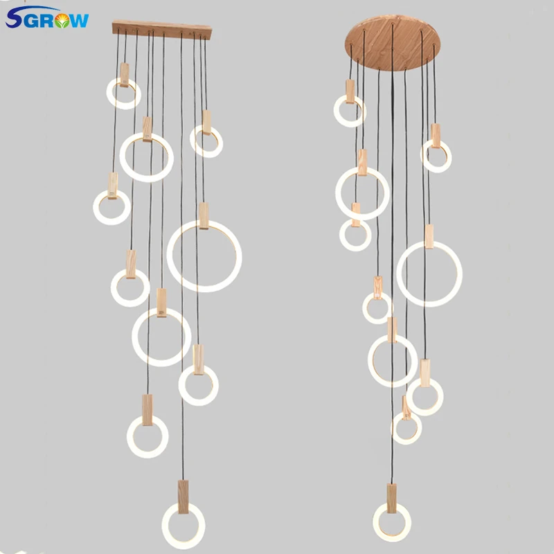 

SGROW Multiple Acrylic Ring Combinations Pendant Light Fixtures 5/7/10 Heads Wooden Hanging Lamp Indoor Lighting for Living Room