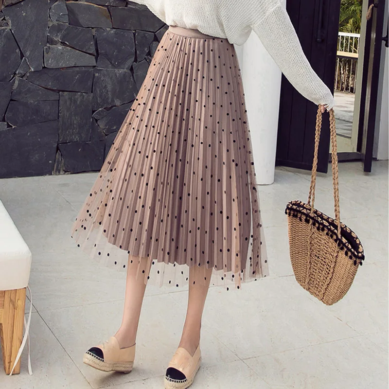 

Polka Dot Pleated Skirt Spring Autumn 2021 Reversible Velvet High Waisted Long Skirts Womens Sun School Midi Tulle Skirt Female