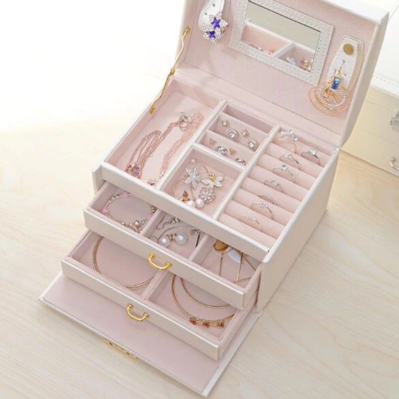 LuxJuly Jewelry Storage Box with Drawer Portable Cosmetic Case Multi-Layer Solid Color PU Leather Package | Украшения и