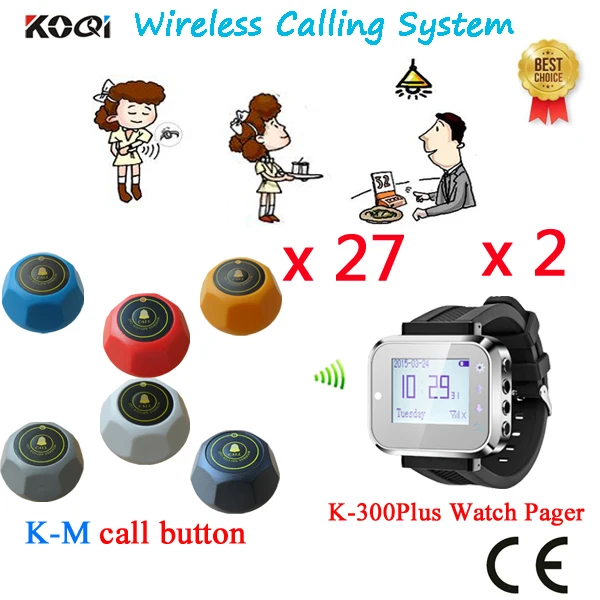 Wireless Call Waiter Sever Paging Service System Superior Quality LED Display With Bells Pretty Colorful(2 watch+27 call button) |