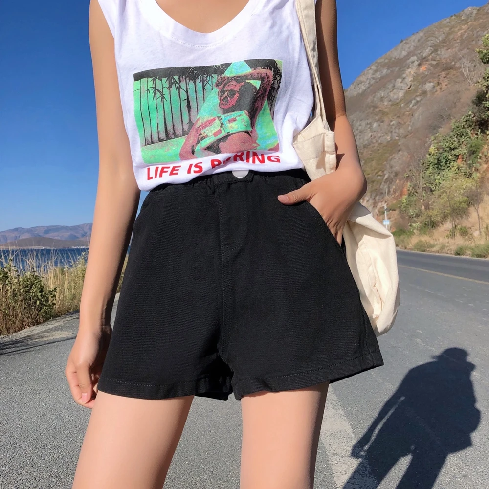 Женские джинсовые шорты с высокой эластичной талией черные синие белые розовые