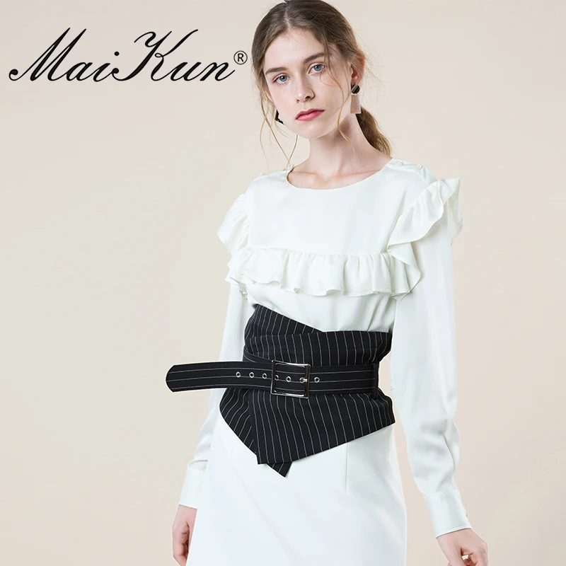European Style Striped Wide Belts for Women's Irregular Plaid Cummerbund for Elegant Dress Vintage Fabric Pin Buckle Women Belt