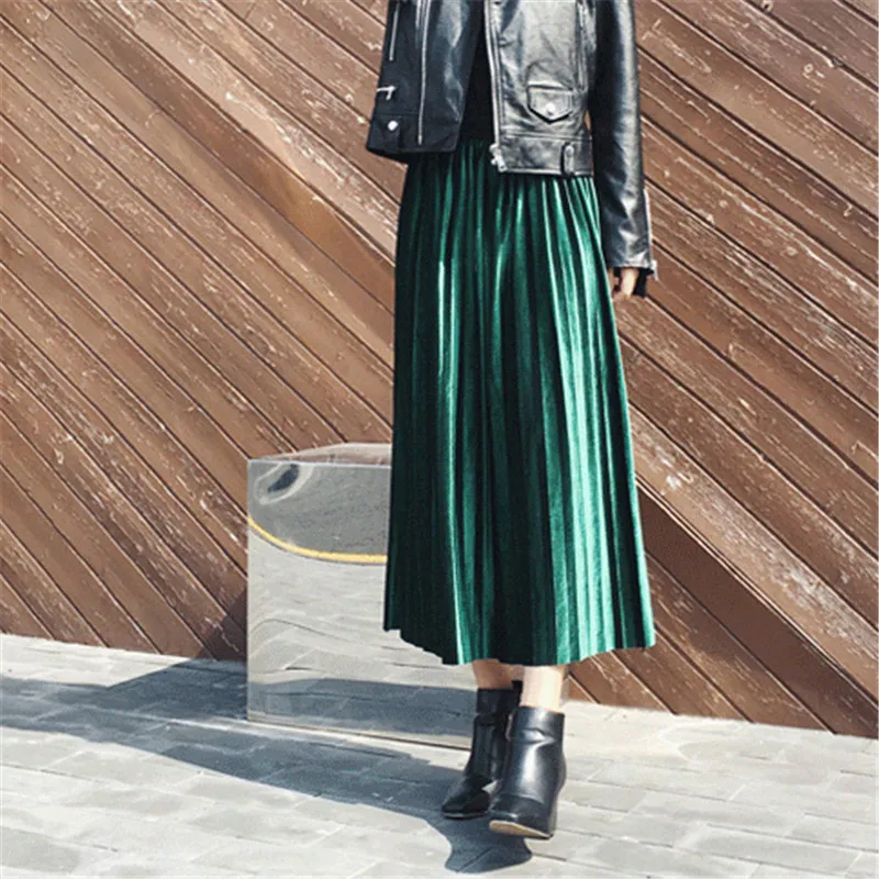 Повседневная бархатная юбка миди с высокой талией Женская эластичная плиссированная юбка винтажные вечерние юбки Плюс Размер Женская одежда