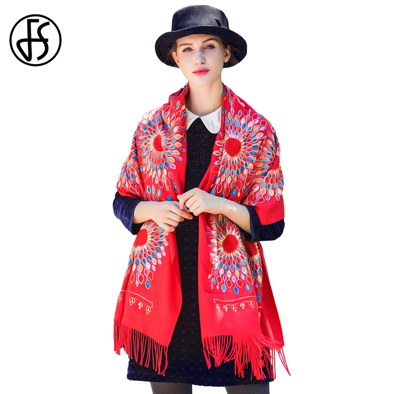 

FS Cashmere Scarf Women Nepal Little Sun Embroidery Tassel Scarves Winter Warm New Year Gift Shawls Wraps Luxury Brand Pashmina