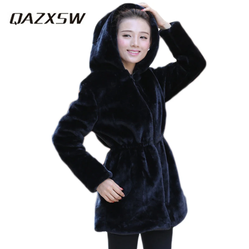 QAZXSW 2018 Women Faux Fur Coat Casual Slim Winter Long Mink Jacket With Hood Black Solid Coats Thick Warm Outwear YDX635 | Женская