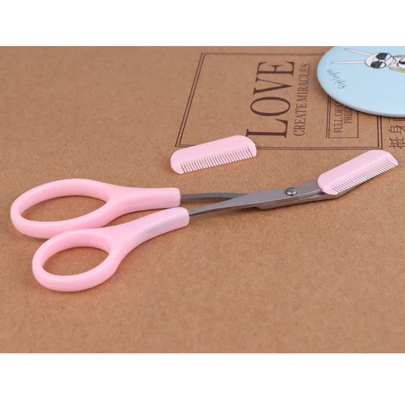 

With 2 Combs Brushes Pink Eye Brow Eyebrow Trimmer Hair Scissor Grooming Makeup Cosmetic Tool For Women Girls