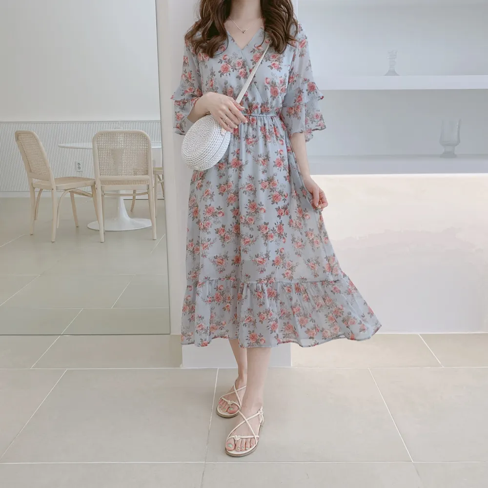 BOBOKATEER платье миди с цветочным рисунком женские платья Летняя одежда robe ete femme vestidos de verano пляжное Шифоновое Платье синее повседневное