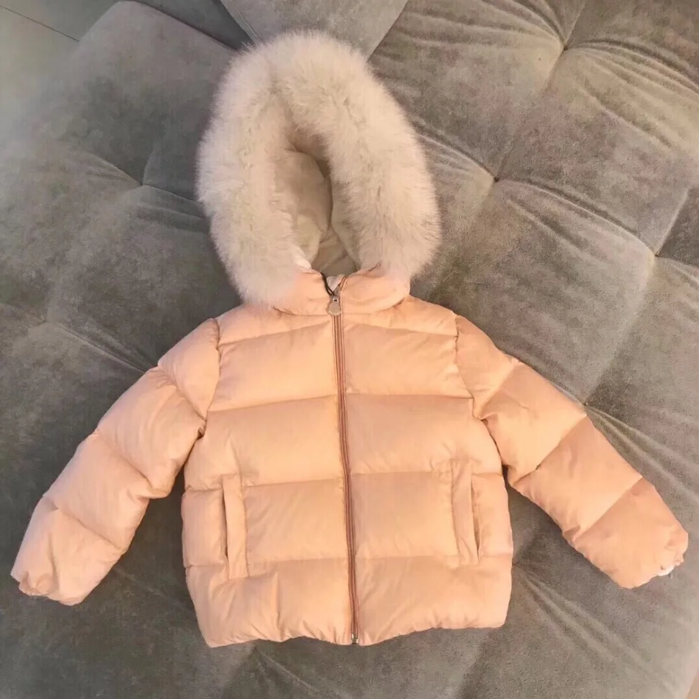 Зимние розовые парки с капюшоном и воротником из натурального Лисьего меха для