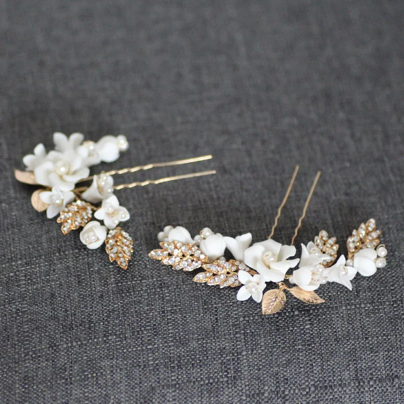 

Jonnafe Porcelain Flower Bridal Hair Pins Piece Gold Leaf Wedding Headpiece Handmade Women Prom Hair Accessories
