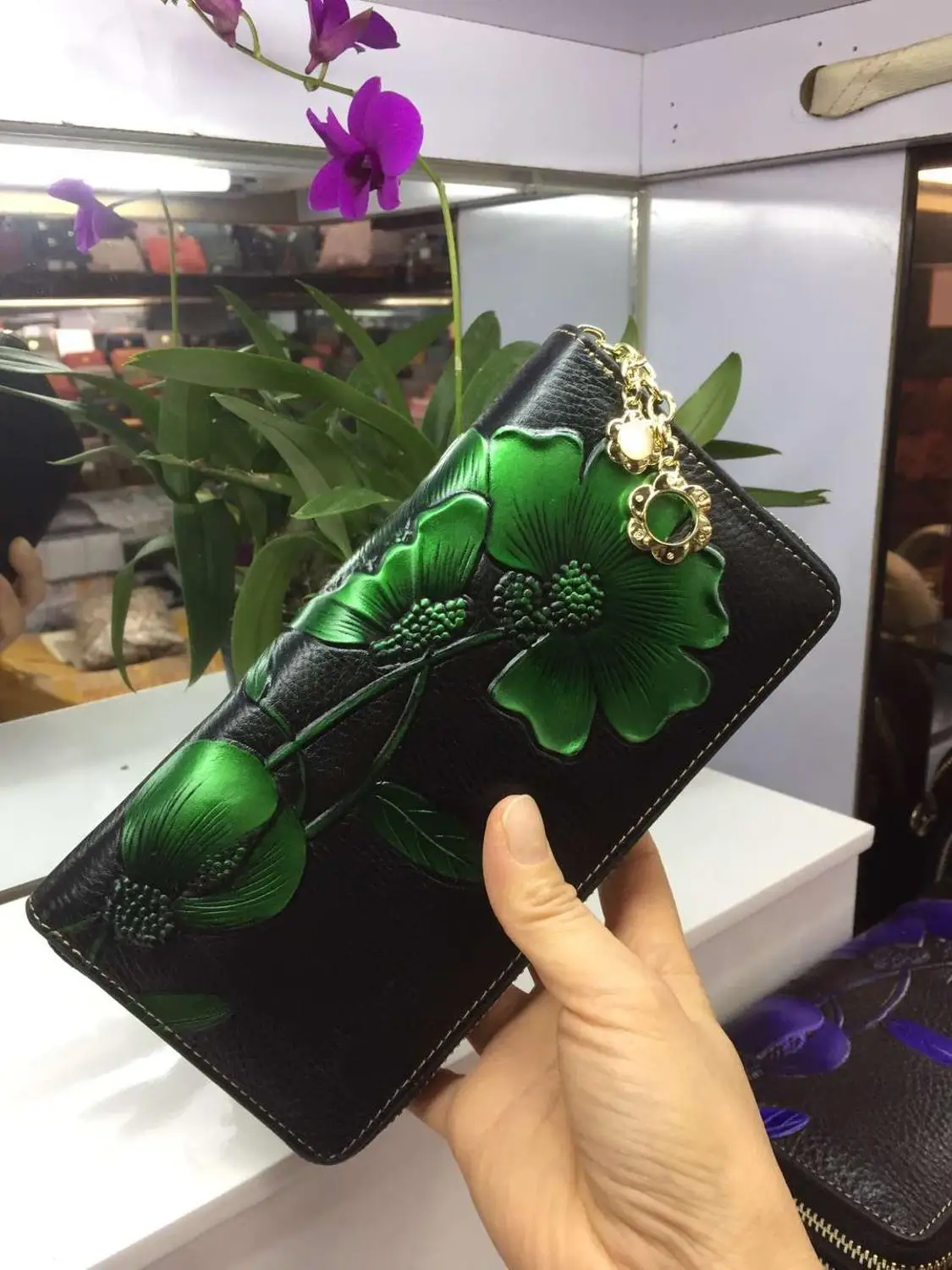 green Роскошный женский кошелек, известный бренд, модный кошелек, винтажный кошелек с цветочным принтом, сумки для мобильных телефонов, Дамский клатч, кошелек для монет - Цвет: green