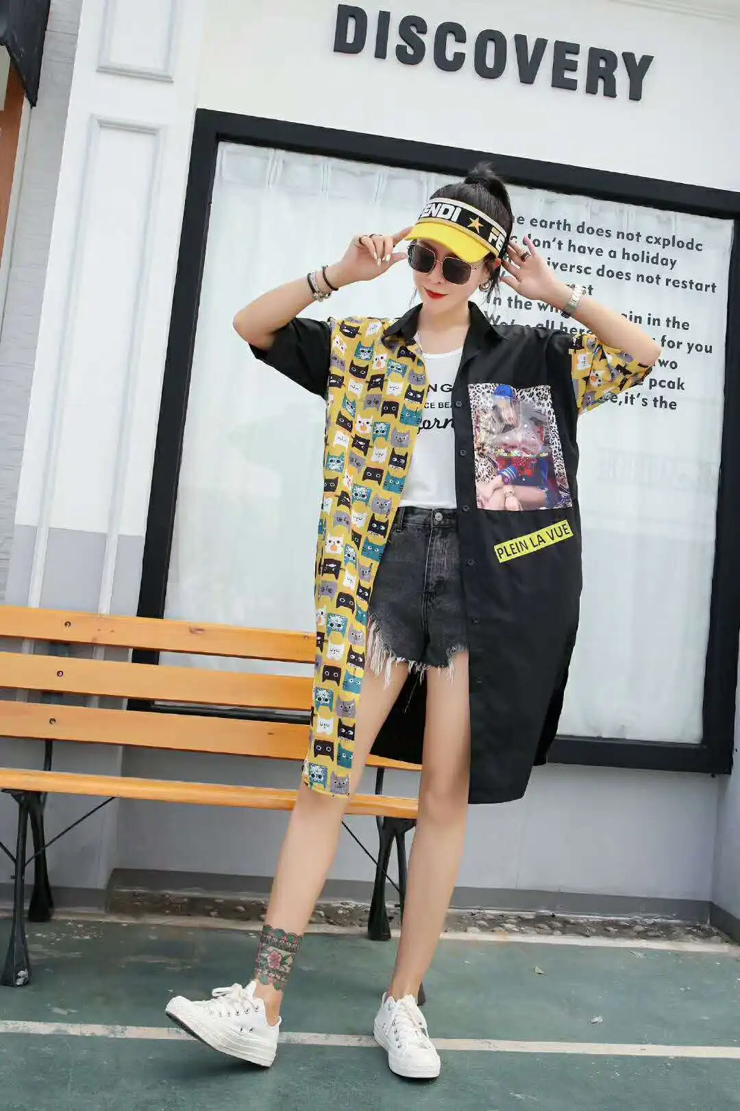 

2019 summer new style brand personality color matching printing shirt female long section loose wild casual short-sleeved shirt