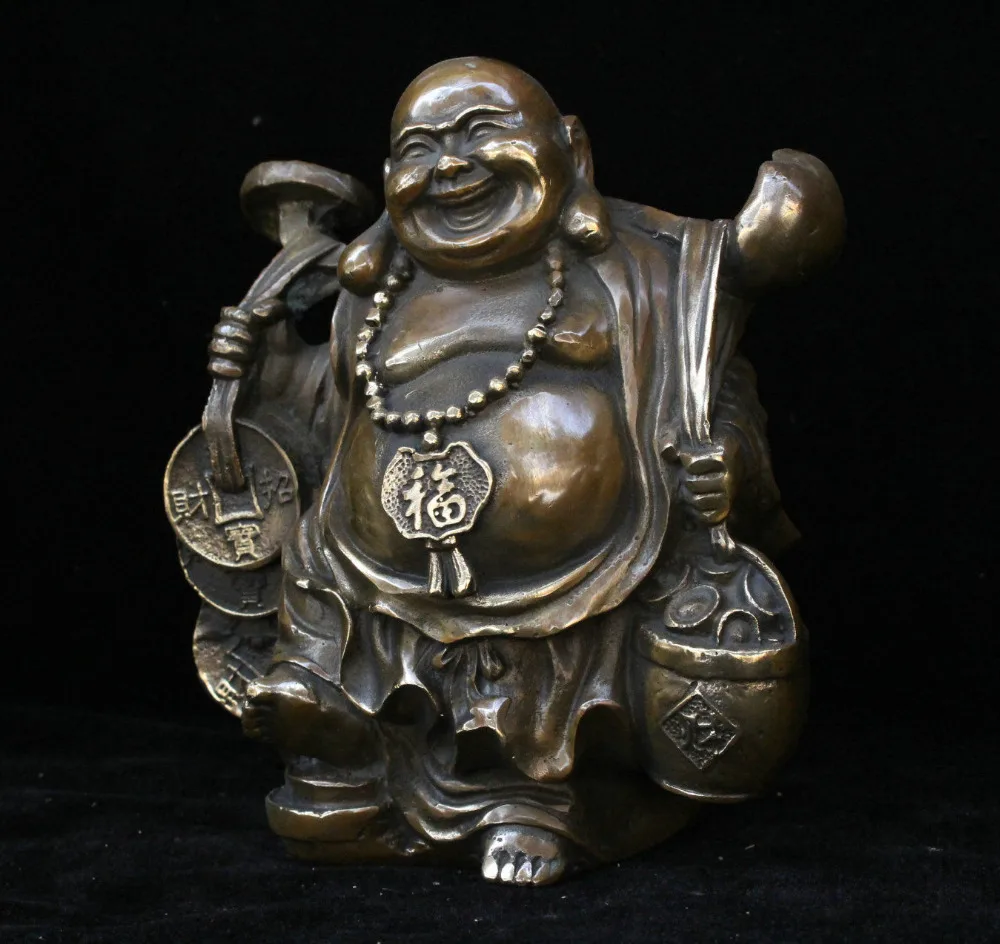 Китайский, буддийский из бронзы Ruyi фигурка для привлечения богатства баррель счастливым смехом статуя Майтрейи Будды
