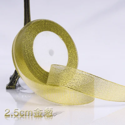 25mm gold Золотой/Серебряный шелк атлас органза лента 0,6-5 см блестящие вышитые ленты для свадебного торта подарок украшения ремесла поставки - Цвет: 25mm gold