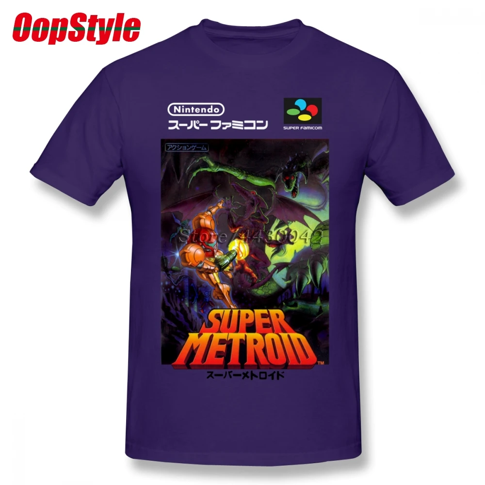 Супер Metroid nintendo Super Famicom японская коробка искусство рубашка SNES Футболка мужская Homme Пользовательские Короткий рукав плюс размер Мужская футболка - Цвет: Фиолетовый