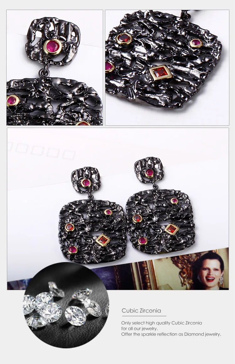 Dreamcarnival1989 New Arrive Women Luxury Unique Vintage Drop Earrings Black& Gold Contrast Siam Fuchsia Synthetic Cubic Zircon
