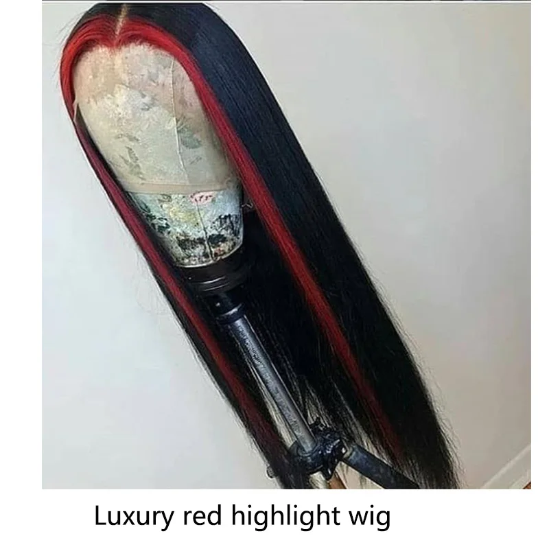 red highlight wig 13x6 150% Синтетические волосы на кружеве человеческие волосы парики предварительно вырезанные для черный Для женщин Реми бразильские прямые волосы Синтетические волосы на кружеве парик с детскими волосами - Цвет: red highlight wig