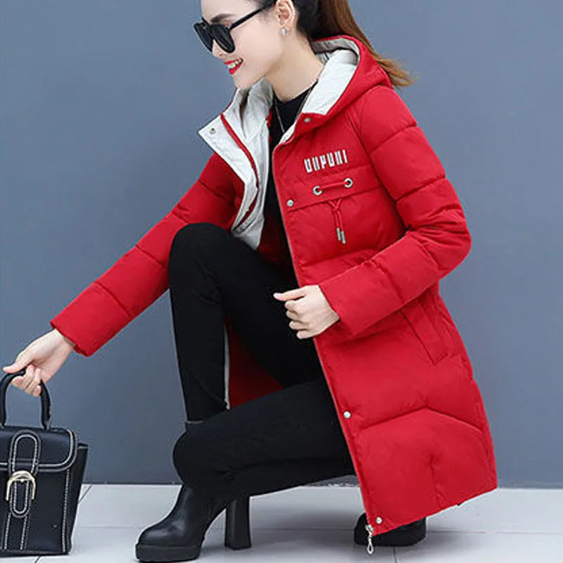 Red Vangull зимние женские парки повседневные куртки с капюшоном и длинным рукавом Осенние теплые длинные женские пальто с буквенным принтом верхняя одежда на молнии - Цвет: Red