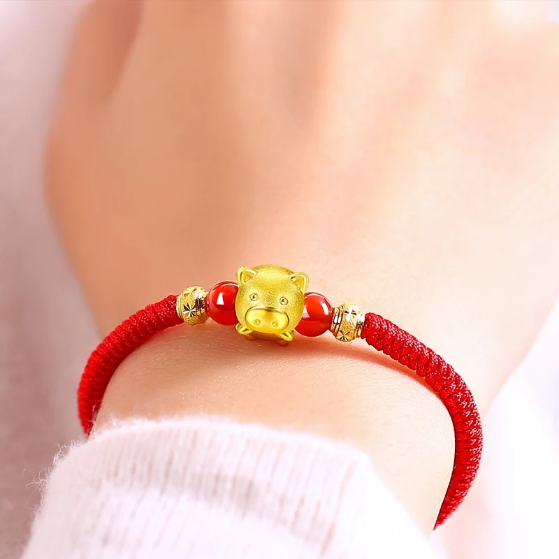 Pure 24K 999 Yellow 3D Gold Year of the Pig Bracelet Luck Zodiac Weaving Rope For Women Baby Female 16cmL Jewelry | Украшения и