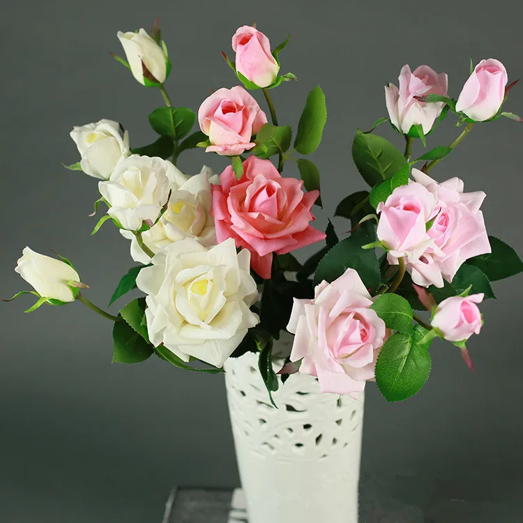3 головки искусственные розы на ощупь декоративные свежие цветы латексные для
