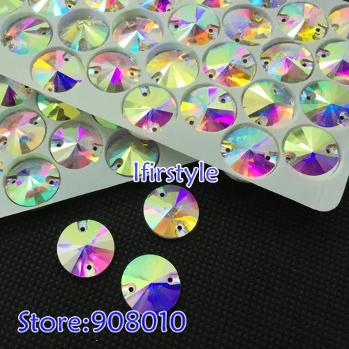 200 штук/коробка 12 мм круглый Риволи пришивные стразы кристалл AB цвет плоская задняя часть 2 отверстия швейные пуговицы бесплатная доставка.