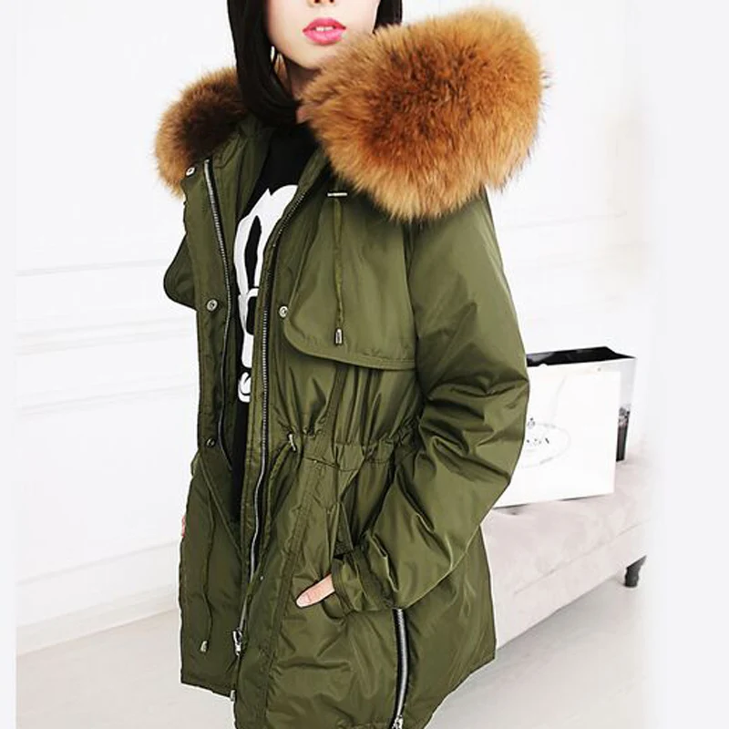 Женская зимняя куртка парка на утином пуху с большим воротником из меха енота 20