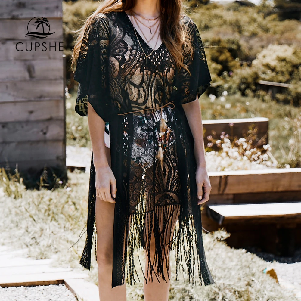 CUPSHE черная и белая кружевная накидка с рукавом летучая мышь кисточкой 2020 Летняя