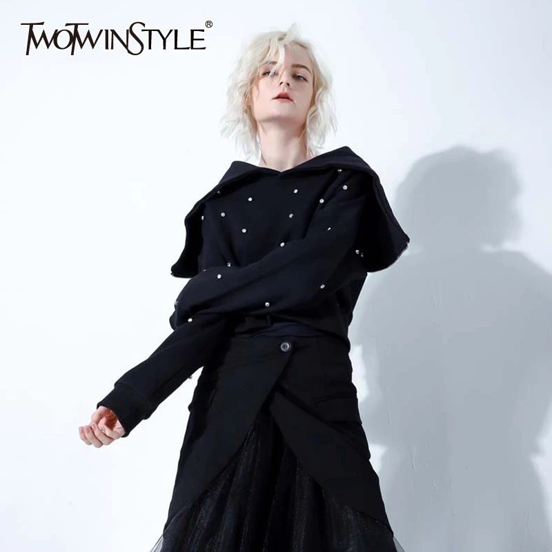 TWOTWINSTYLE, Лоскутная Толстовка со стразами для женщин, воротник с лацканами, пуловеры с длинными рукавами, свитшоты для женщин, Новинка осени года