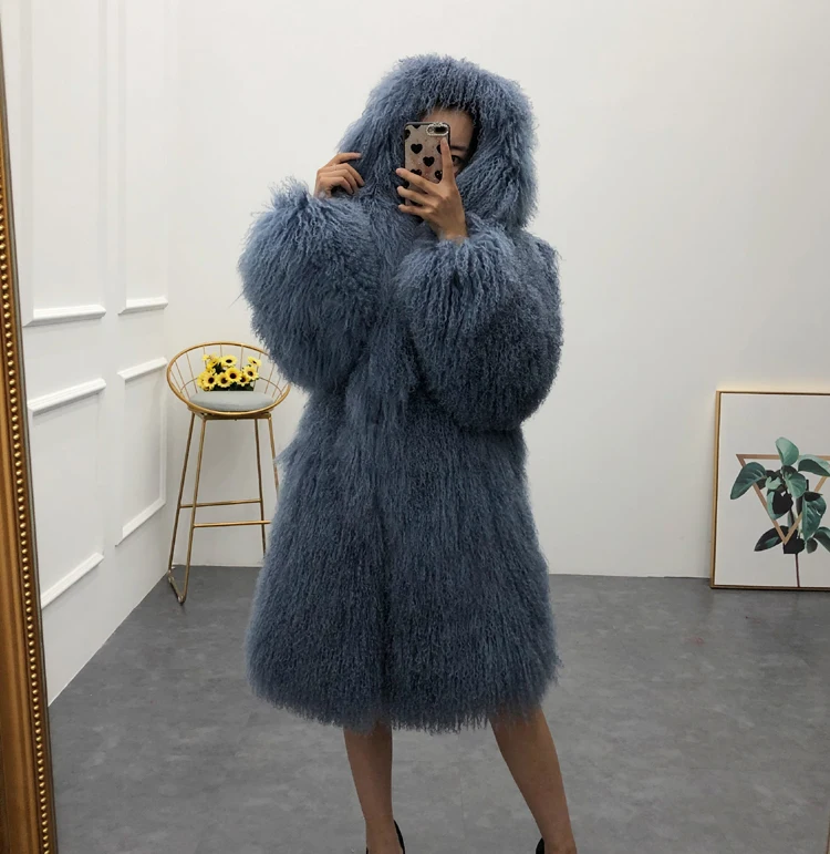Women real mongolian sheep fur coat hooded o-neck medium long beach wool outerwear winter sheepskin overcoat female | Женская одежда