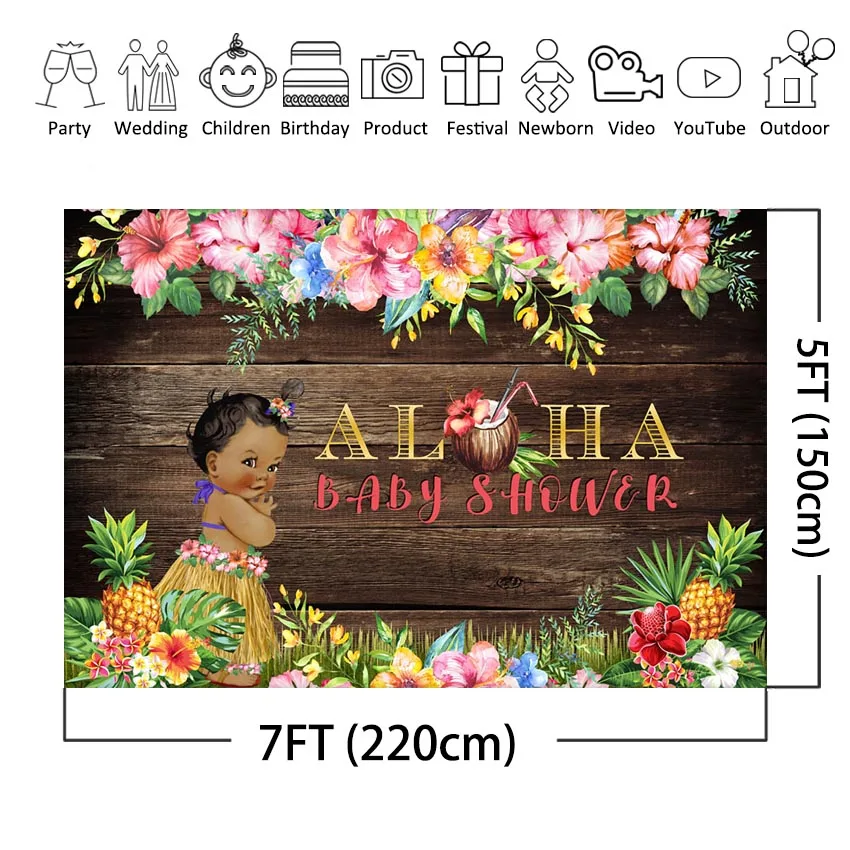 Фон для вечеринки Aloha Baby Shower Hawaiian Luau с баннером, подходящим для фотографий, с маленькой девочкой и ананасами.
