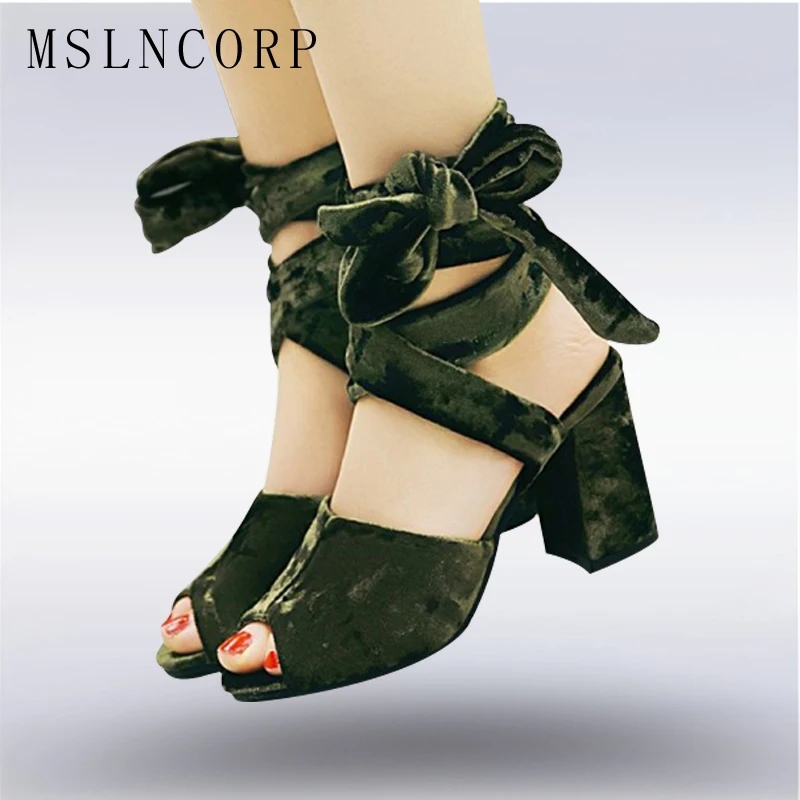 

Plus Size 34-48 New Fashion Women Sandals Gladiator Mid Squre High Heels Summer Casual Cross tied Ankle Strap Flock Pumps shoes
