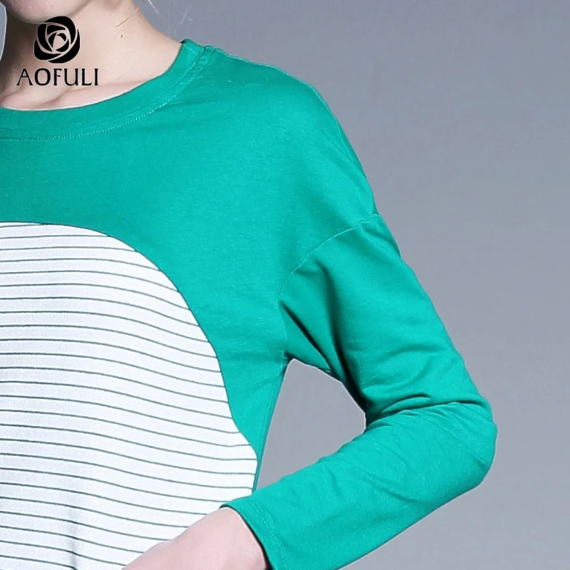 AOFULI L ~ 4XL woemn Повседневная хлопковая футболка осень 2019 полосатые Лоскутные