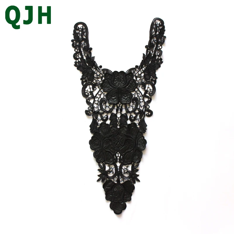 

QJH 1pcs Black PU Leather Beautiful Flower and Heart Venise Lace Applique Trim, Lace Fabric Sewing Supplies