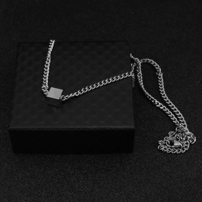 Women Men Stainless Steel Necklace Long Chain Square Box Pendant Sweater Punk Necklaces Unisex Choker Boys Girls Rock Hip Hop