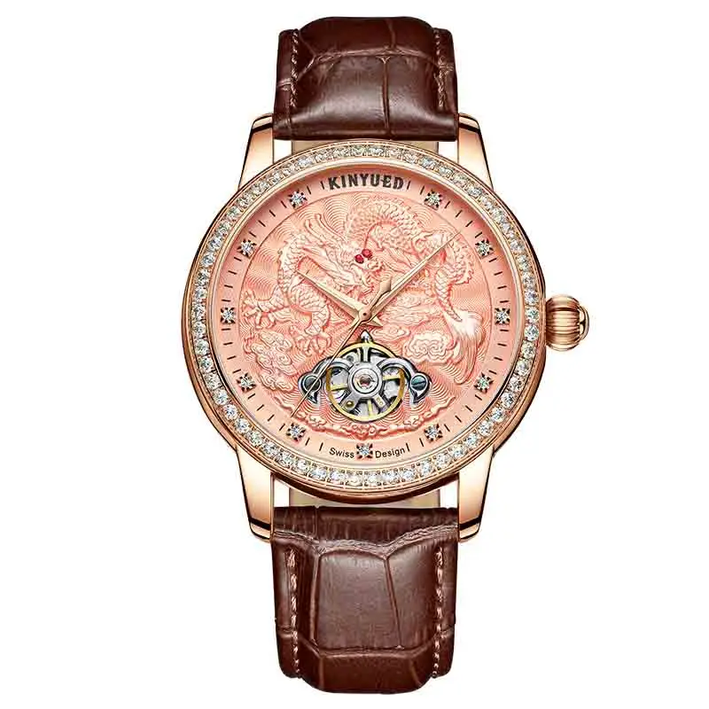 Rose Brown Leather KINYUED модные автоматические механические часы, мужские водонепроницаемые светящиеся дизайнерские часы с драконом, мужские спортивные часы с турбийоном, мужские - Цвет: Rose Brown Leather