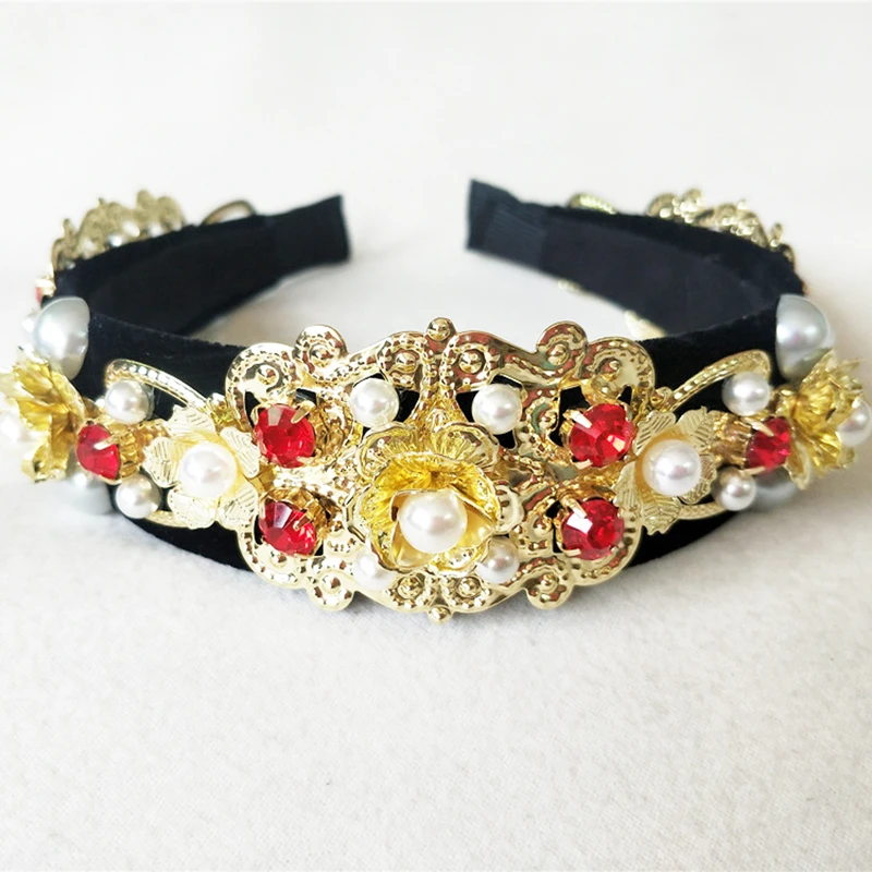Women Retro Gold hair Band head Buckle Pearl Zircon Hair Accessories Hairband Flower Crown Headband For Girl Bows Tiara | Украшения и