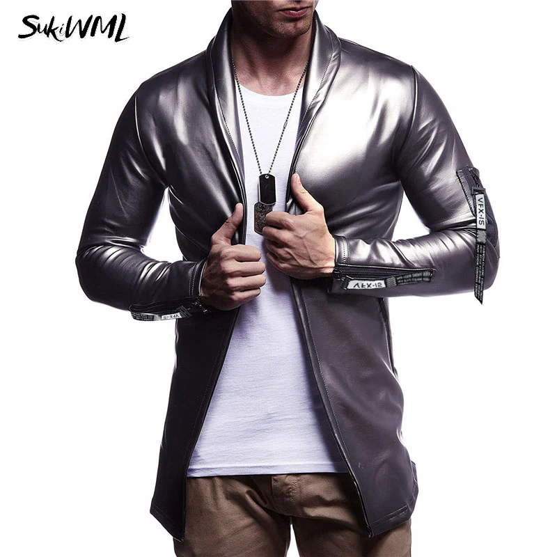 SUKIWML Homens Блейзер 2018 мужской блейзер с длинными рукавами из искусственной кожи