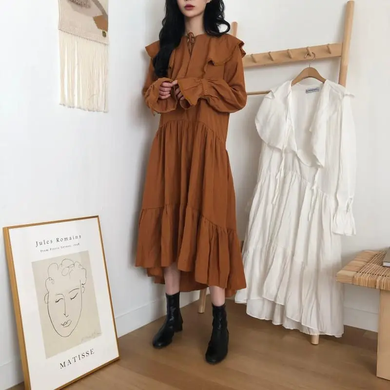 HziriP Women Sweet Dress 2019 New Spring Autumn Elegant Vintage Slim Ruffled Collar Long Sleeve Solid Color Preppy Style Dresses | Женская
