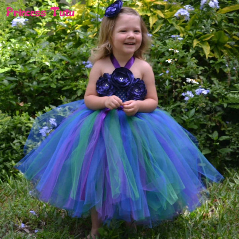 Blue &amp Purple Flower Girl Peacock Tutu Dress Wedding Birthday Party Girls Halloween Costume Kids Ball Gown 1-14 | Детская одежда и