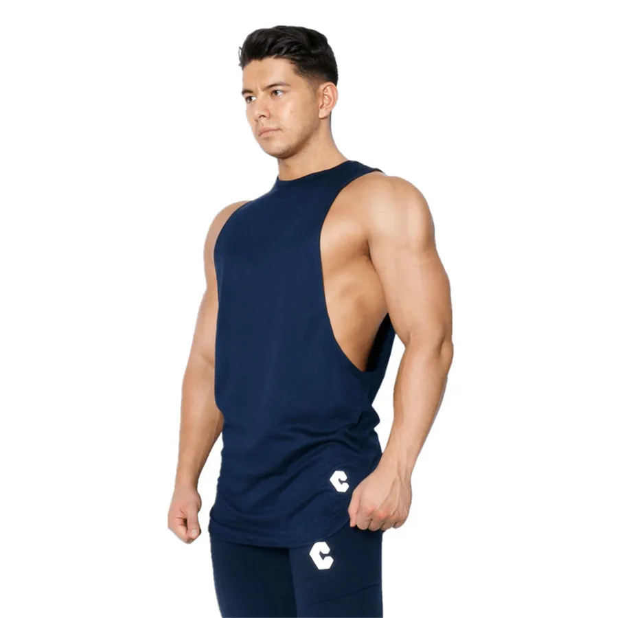 navy blue Фитнес спортивные майки с принтом, мужские эластичные хлопковые майки с круглым вырезом, мужские майки без рукавов для занятий фитнесом - Цвет: navy blue